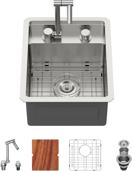 13 Inch Outdoor Kitchen Sink With Faucet and Cover - Beslend 13x15x9 Undermount Kitchen Bar Sink Workstation 16 Gauge Stainless Steel Single Bowl Small Sinks Under Counter Indoor Outdoor