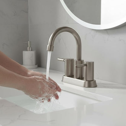 IKEBANA Brushed Nickel Bathroom Faucet, 2 Handle Bathroom Sink Faucets Centerset, 360° Swivel High-Arc Spout Modern 4 inch Bath Faucet Lead-Free for Vanity Lavatory with Pop-up Drain & Water Hoses
