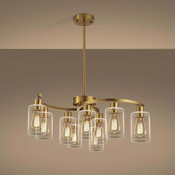 CNRATYE 9-Light Gold Glass Chandelier, Adjustable Height Dining Room Light Fixtures Over Table, Contemporary Hanging Chandelier for Kitchen Island Living Room Foyer Office, Clear Glass Shade