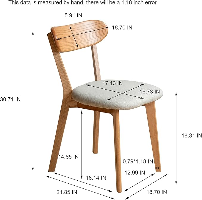 Dining Chairs Set of 2, Solid Oak Wood Frame with Pear White Thick Upholstered Seat, Mid-Century Modern Wooden Curved Backrest, Heavy Duty 400 lb Capacity Padded Chairs for Dining Room & Kitchen