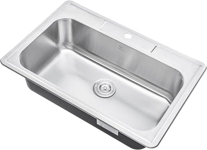 33 x 22 x 9 Inch Top-mount/Drop-in Stainless Steel Single Bowl Kitchen Sink with Strainer and Dishrack - 18 Gauge Stainless Steel-1 Faucet Hole