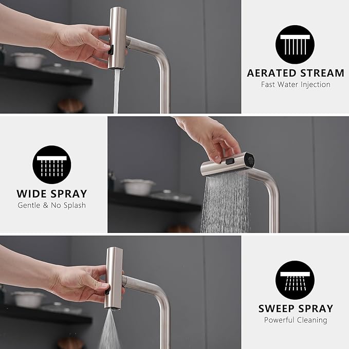 AIMADI Waterfall Kitchen Faucet with Pull Down Sprayer, Modern Single Handle Single Hole Stainless Steel Kitchen Sink Faucets 3 Modes(Sweep/Stream/Waterfall),Brushed Nickel