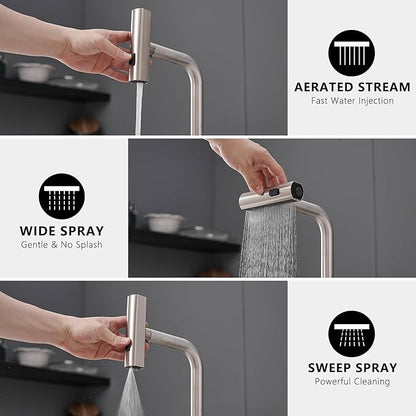 AIMADI Waterfall Kitchen Faucet with Pull Down Sprayer, Modern Single Handle Single Hole Stainless Steel Kitchen Sink Faucets 3 Modes(Sweep/Stream/Waterfall),Brushed Nickel