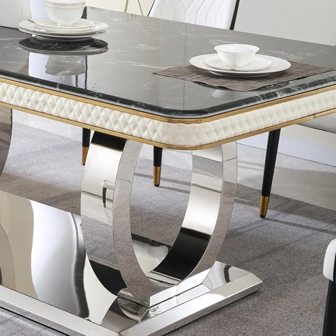 Modern Rectangular Dining Table for 6-8, Luxury Sintered Stone Kitchen Table with Heavy-Duty Double Circle Stainless Steel Base, Heat-Resistant Furniture for Dining Room (Table)