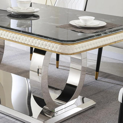 Modern Rectangular Dining Table for 6-8, Luxury Sintered Stone Kitchen Table with Heavy-Duty Double Circle Stainless Steel Base, Heat-Resistant Furniture for Dining Room (Table)