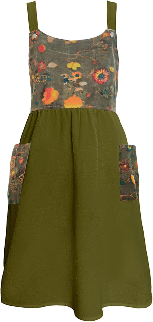 Cityelf Vintage Pinafore Apron Dress Snap Adjust Linen Cotton with Pockets Floral Aprons for Cooking Gardening