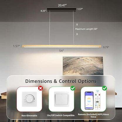 2 Pack 54" Linear Pendant Light Aluminum, 40W Gold Dimmable Kitchen Island Lighting with Remote App Control, Adjustable CCT (3000K-6000K), Modern Chandelier for Home Office Dining Room Study