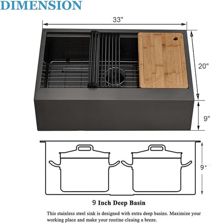 SHACO 33 Inch Black Farmhouse Sink, 33x20 Gunmetal Black 16 Gauge Stainless Steel Single Bowl Workstation Flat Apron Front Farm Kitchen Sink with Cutting Board