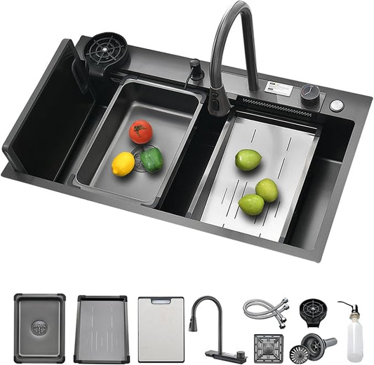 Drop In Waterfall Kitchen Sink, 30 x 18 Inch Topmount/Undermount Stainless Steel Single Bowl Sink With Sliding Tracks, Workstation sink with Complete Accessories Easy Clean