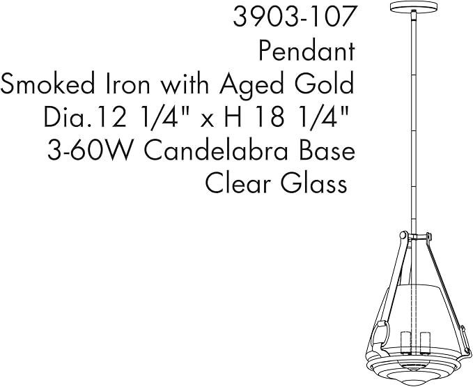 Minka Lavery 3903-107 Eden Valley Convertible Pendant to Semi-Flush, 3-Light, 180 Total Watts, 12.38-in H x 18.13-in W, Smoked Iron with Aged Gold