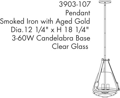 Minka Lavery 3903-107 Eden Valley Convertible Pendant to Semi-Flush, 3-Light, 180 Total Watts, 12.38-in H x 18.13-in W, Smoked Iron with Aged Gold