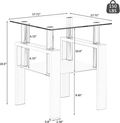 IANIYA Modern Glass Side Table, 2-Tier End Table with Tempered Glass Top & Metal Legs, Night Stand Corner Small Table for Living Room, Bedroom, Small Space White
