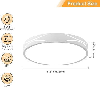 Modern Dimmable LED Flush Mount Ceiling Light, 2700K-6000K Selectable Round Close to Ceiling Lighting Fixtures, Metal Minimalist White Ceiling Lamp for Bedroom, Kitchen, Hallway, Laundry Room