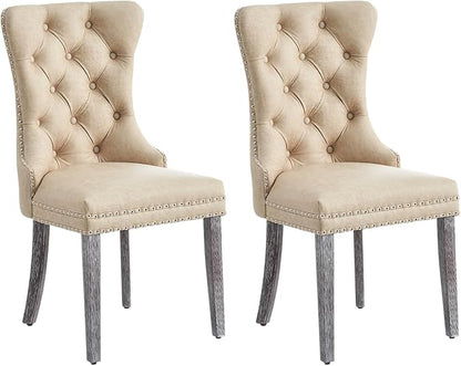 Eifizek Leather Dining Chair Set of 2, Dining Room Chairs with Nailhead Ring Pull Trim, Upholstered Dining Chairs with Solid Wood Legs for Kitchen Dining Room (Beige)