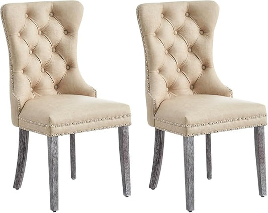 Eifizek Leather Dining Chair Set of 2, Dining Room Chairs with Nailhead Ring Pull Trim, Upholstered Dining Chairs with Solid Wood Legs for Kitchen Dining Room (Beige)