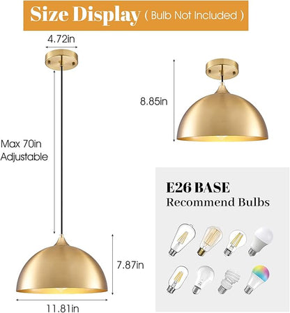Gold Pendant Light 2 Pack, 11.8" Modern Pendant Lights Kitchen Island Adjustable Height, Farmhouse Dome Hanging Light for Dining Room Bar