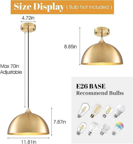 Gold Pendant Light 2 Pack, 11.8" Modern Pendant Lights Kitchen Island Adjustable Height, Farmhouse Dome Hanging Light for Dining Room Bar