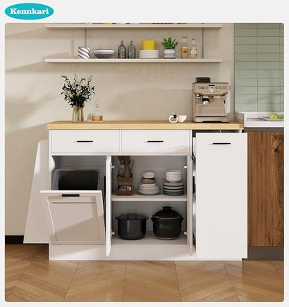 58'' Multi-Functional Storage Sideboard with Trash Can Storage and Adjustable Shelves, Console Table with Sliding Door Cabinet, Kitchen Island with 3-Tier Spice Rack for Dining Room (White)