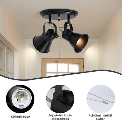 SEEBLEN 2-Light Black Track Lighting with Pull Chain, Industrial Adjustable Pull Chain Light Fixture Round Ceiling Light, Modern Flush Mount for Kitchen, Hallway, Dining Room