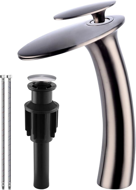 Wovier Brushed Nickel Waterfall Bathroom Faucet,Single Handle Single Hole Brass Lavatory Vanity Vessel Faucet,Slanted Body Basin Mixer Tap Tall Body with Supply Hose and Pop Up Drain Assembly