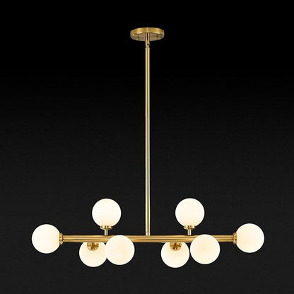 Mid Century Modern Globe Sputnik Chandelier, 8-Light Linear Chandeliers for Dining Room and Kitchen Island, Dining Light Fixture Over Table, Brass Gold and Milk White Glass Bubble, 32 Inch