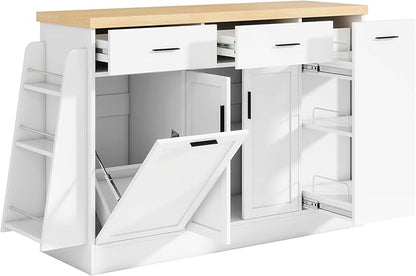 Sideboard Buffet Cabinet with Storage Drawers, Wood Kitchen Island with Trash Can Storage, 3-Tier Pull-Out Rack and Spice Rack, Modern Accent Cabinet for Kitchen, Dining Room, Entryway, White
