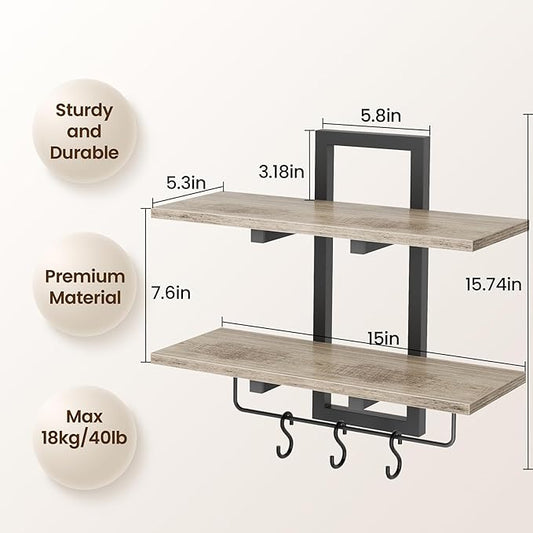 Creso hom Floating Shelves, 15" Wall Shelf Set of 2, Hanging Bathroom Shelves 2-Tier, Wall Mounted Storage Shelves, for Living Room Bedroom Bathroom Kitchen Office Coffee Bar, Greige