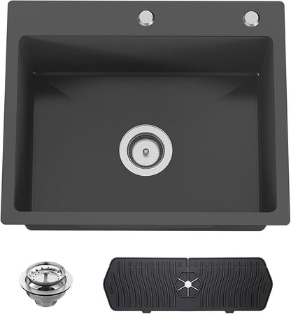 Black Kitchen And Bar Sink, 22x18 Inch Stainless Steel Drop In Kitchen Sink Modern Single Bowl Topmount Bar Sink Combo-Silicon Mat,Drain Strainer Set Compatibility With Various Kitchen & Bar Style