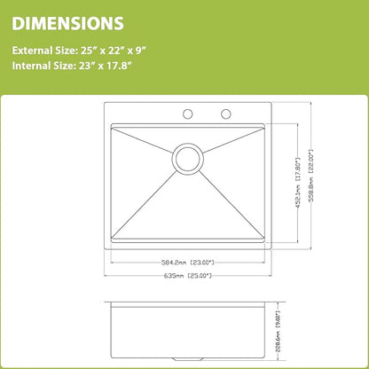 25x22 Drop In Kitchen Sink Workstation 25 Inch Stainless Steel Sink Topmount 16 Gauge Single Bowl Sink 10" Deep Countertop Basin with Accessories