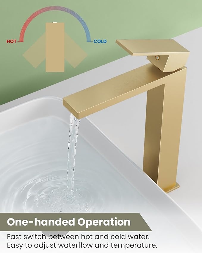 gotonovo Vessel Sink Faucet Single Handle Tall Bathroom Faucet One Hole Modern Lavatory Vanity Basin Mixer Tap Matching Supply Hoses and Pop up Drain Without Overflow, Brushed Gold
