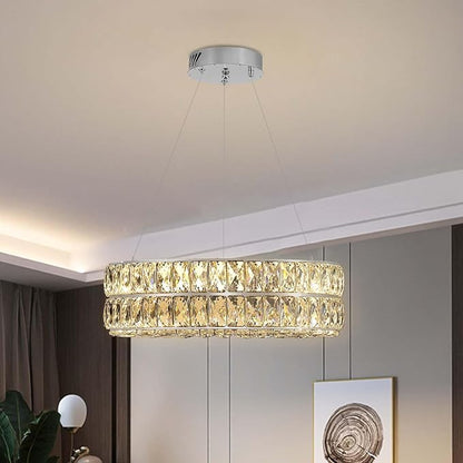 Led Ring Crystal Chandelier for Living Room, Modern Dimmable 15.7" Silver Crystal Chandeliers Lighting Adjustable Hanging Pendant Light for Dining Room