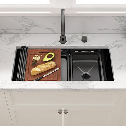 Sarlai 33 Inch Waterfall Kitchen Sink - Black Undermount Kitchen Sink With Waterfall Ledge Workstation Stainless Steel 16 Gauge Multifunction Single Bowl Under Mount Basin with Faucet