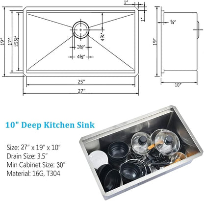 27 Inch Undermount Kitchen Sink Workstation 16 Gauge Stainless Steel Undermount Sink Single Bowl Handmade 10 Inch Deep