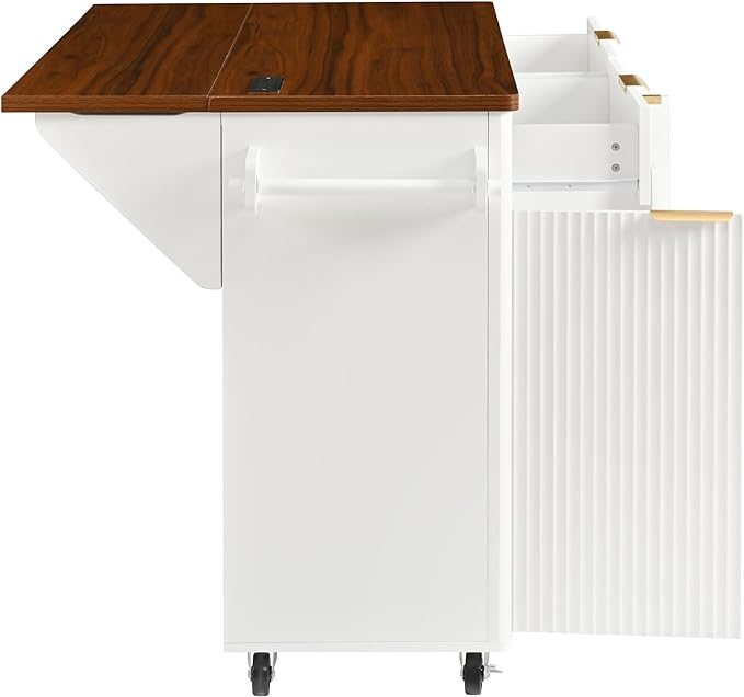 Merax Farmhouse 52 inch Kitchen Island on Wheels with Drop Leaf Table, Power Outlet, Wood Kitchen Rolling Cart with Faux Marble Top & 2 Doors & 2 Drawers, White