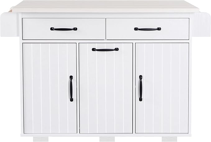Ball & Cast Kitchen Island with Trash Can Storage Cabinet,Kitchen Cart W/Drop Leaf,Spice Rack,Towel Rack and Drawers,Rolling Kitchen Islands on Wheels W/Adjustable Shelf for Dining Room,White Oak