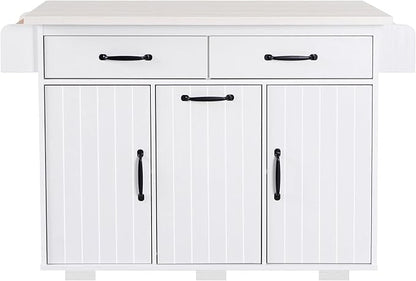 Ball & Cast Kitchen Island with Trash Can Storage Cabinet,Kitchen Cart W/Drop Leaf,Spice Rack,Towel Rack and Drawers,Rolling Kitchen Islands on Wheels W/Adjustable Shelf for Dining Room,White Oak