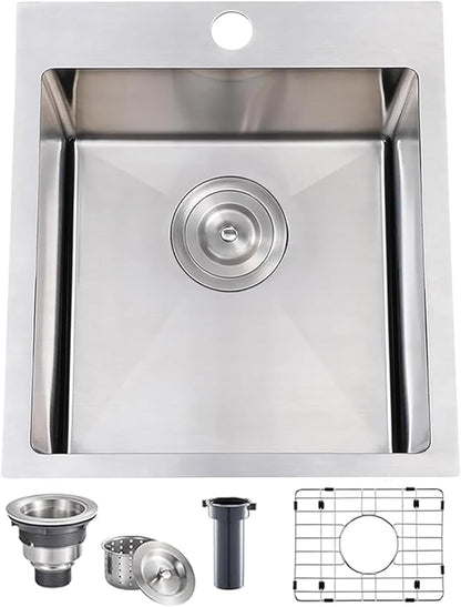 VCCUCINE Bar Sink Drop in, 15 x 17 Inch Topmount RV Small Kitchen Sink, 16 Gauge Overmount Stainless Steel Laundry Wet Bar Sink, Top Mount Outdoor Single Bowl,Brushed Nickel Prep Sink with Accessories