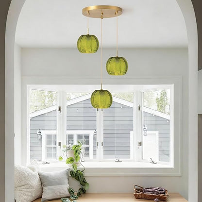 Dark Green Chandelier Cluster 3-Light Glass Globe Hanging Pendant Lights Fixtures Gold Sputnik Ceiling Pendant Lights with Ribbed Glass Ball Shade Mid Century Modern Chandelier