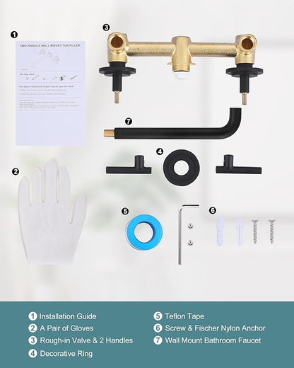 WOWOW Wall Mount Tub Filler: Matte Black Tub Faucet High Flow Two Handles Solid Brass, Long Spout Reach, Bathroom Bathtub Faucets with 2 Handles Tub Faucet with Brass Rough in Valve Included