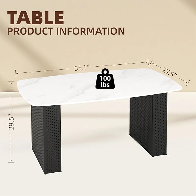 Heavy Duty Glass Dining Table, Rectangular Marble Pattern Surface, Elegant Black Dual-Pedestal Base, Adjustable Brackets for Stability, 6-8 Seater, Modern Luxury Centerpiece for Home Dining or Work