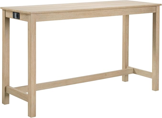 4-Piece Wooden Counter-Table Set with Power Outlet, Industrial Kitchen Dining Tables with 3 Upholstered Stools, 59 Inch Farmhouse Bar Table Chairs w/USB and Type-C Ports, Light Oak