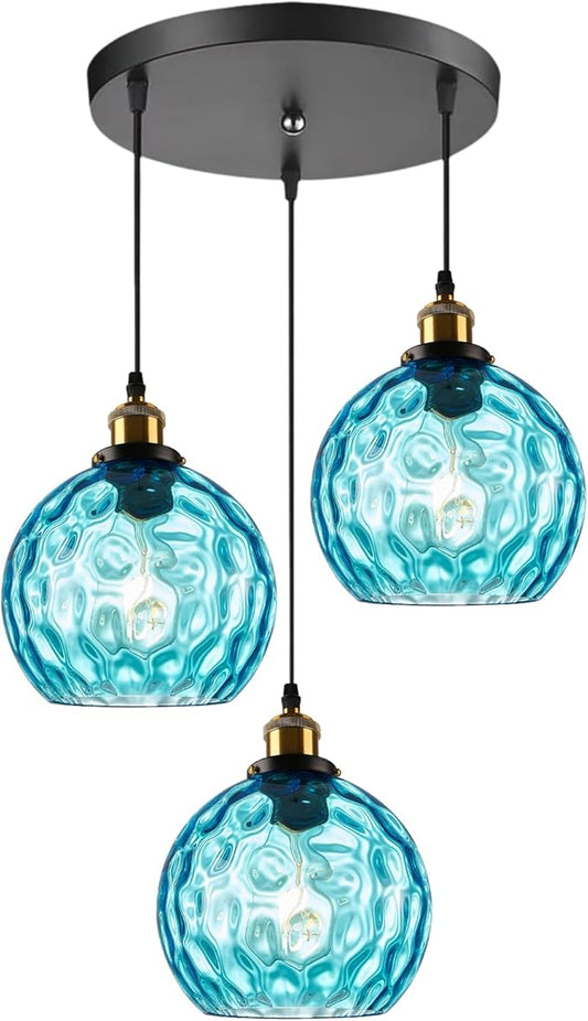 3 light Cluster Pendant Light, Mid Century Modern Dining Room Light Fixtures over Table, Kitchen Island Lights Ceiling Hanging Black, Blue Hammered Glass Chandelier Multi Pendant Light Fixture