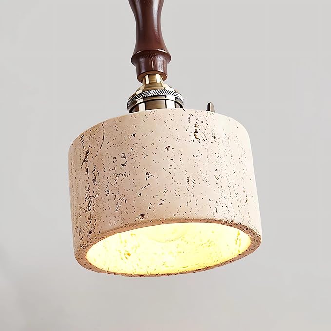 Japanese Wabi sabi Pendant Light with Natural Stone Shade, Dimmable Modern Wood Hanging Lamp Fixture, Adjustable Height Pendant Lamp for Bedroom, Kitchen Island, Dining Room, Restaurant, Cafe, Bar (F)
