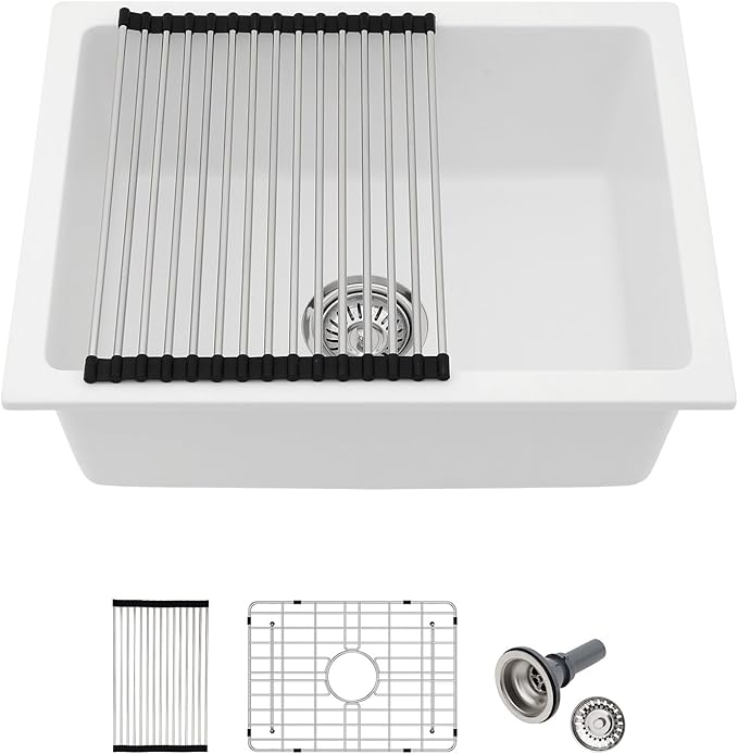 22x17 Inch Granite Composite Kitchen Sink - 22"x17" Undermount White Wet Bar Sink Granite Composite Quartz Classic Under Counter Ledge Single Bowl Sink Basin, LOF-GC22179