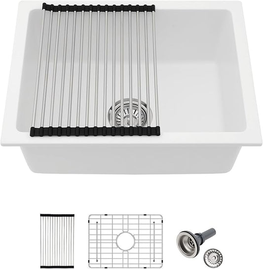 22x17 Inch Granite Composite Kitchen Sink - 22"x17" Undermount White Wet Bar Sink Granite Composite Quartz Classic Under Counter Ledge Single Bowl Sink Basin, LOF-GC22179