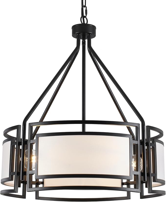 20'' Black Drum Chandeliers, 5Lights Black and White Drum Chandelier Modern Industrial Pendant Light Fixture, Adjustable Fabric Chandelier for Dining Room Kitchen Island Living Room Foyer E26