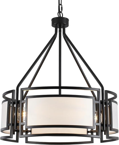 20'' Black Drum Chandeliers, 5Lights Black and White Drum Chandelier Modern Industrial Pendant Light Fixture, Adjustable Fabric Chandelier for Dining Room Kitchen Island Living Room Foyer E26