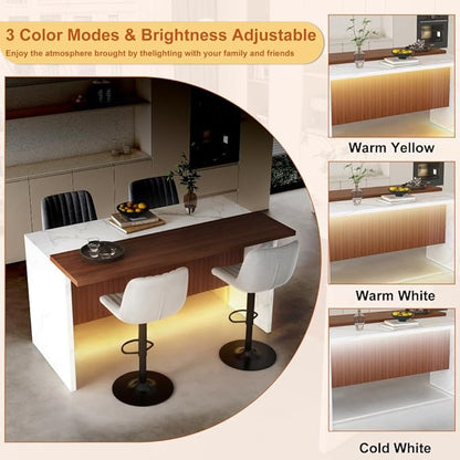 63 Inch Kitchen Island with 4 Deep Brown Bar Stools – White Marble Countertop, Integrated LED Lighting & Grille Design, Multi-Functional Breakfast Bar for Dining Rooms, (White+4grey)