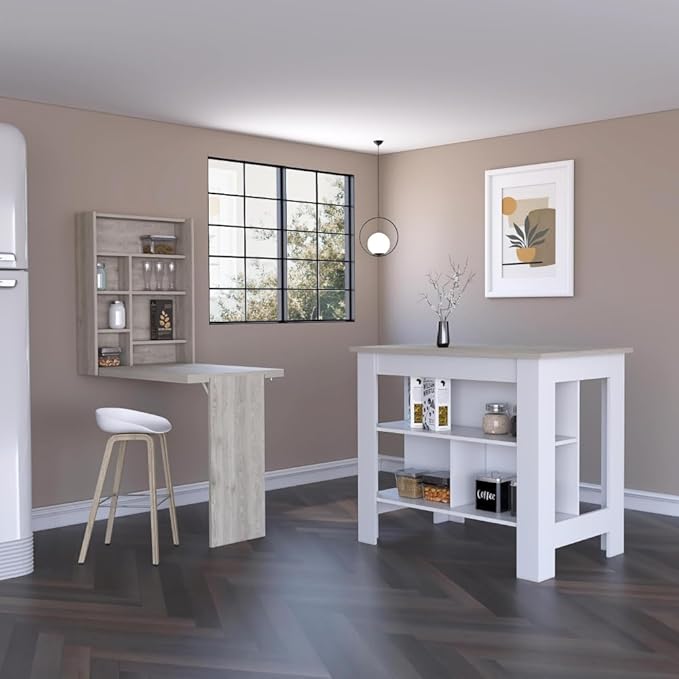 GOWE Wilmington 10-Shelf 2-Piece Kitchen Set, Kitchen Island and Functional Table Whiteand Light Gray
