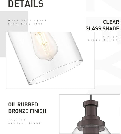 zeyu 2 Pack Farmhouse Pendant Light Fixtures, Industrial Hanging Light for Kitchen Island, Clear Glass Shade, Oil Rubbed Bronze Finish, ZG33M1L-2 ORB